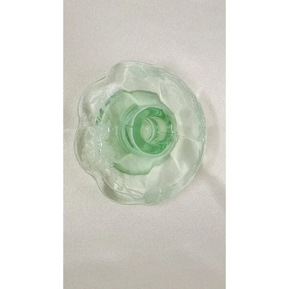 Vintage Paden City Peacock Wild Rose Green Glass Mushroom Candlestick READ